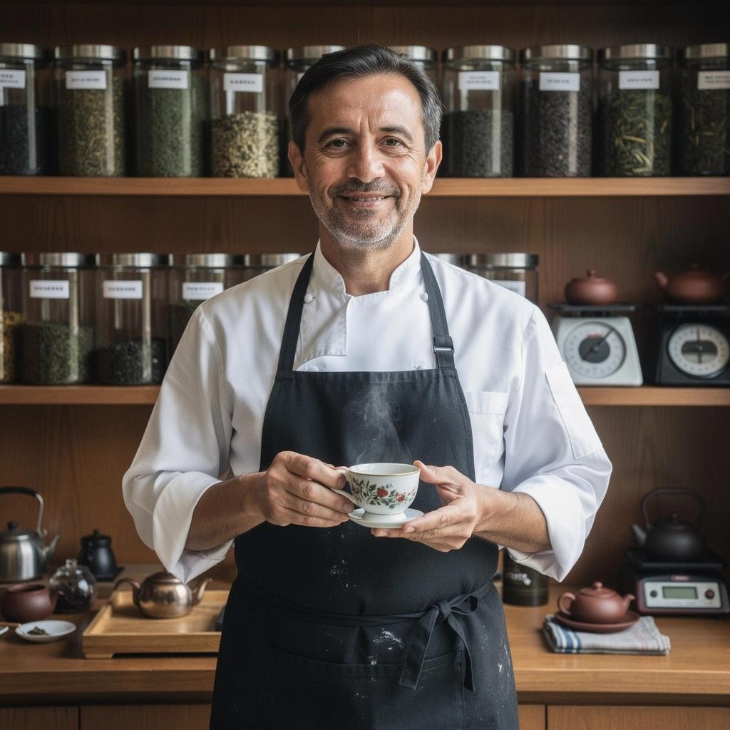 Una tazza di tè oolong fumante su un tavolo di legno, circondata da foglie di tè essiccate.
