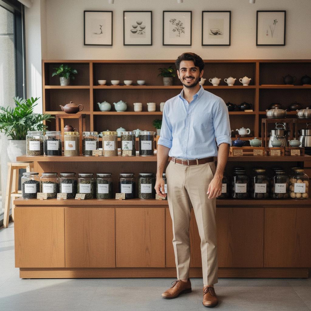 Una scena serena di un giardino giapponese, con un ospite che si gode una pausa tè oolong.